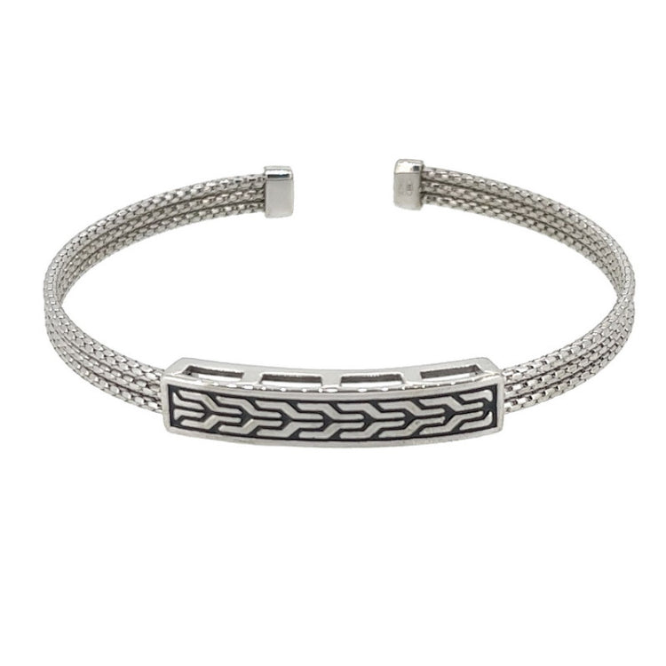 Rhodium Finished Sterling Silver Multi Cable Cuff Bracelet with Rhodium and Black Polished Celtic Central Plate