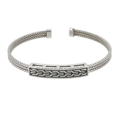 Rhodium Finished Sterling Silver Multi Cable Cuff Bracelet with Rhodium and Black Polished Celtic Central Plate
