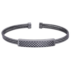 Black Rhodium Finished Sterling Silver Multi Cable Cuff Bracelet with Central Plate with Wave Pattern