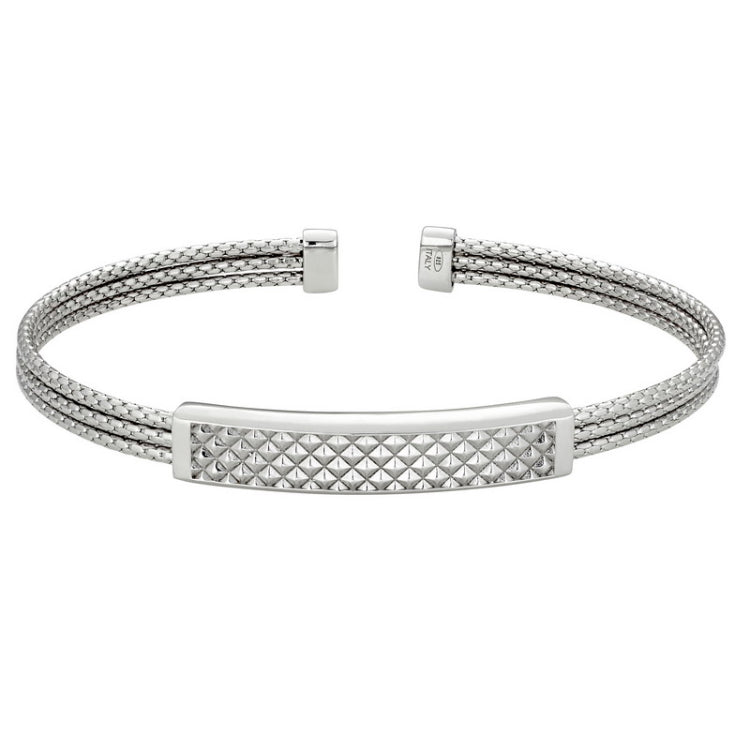 Rhodium Finished Sterling Silver Multi Cable Cuff Bracelet with Central Plate with Wave Pattern