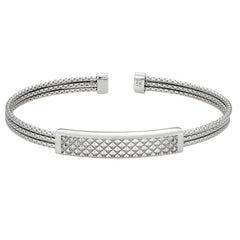 Rhodium Finished Sterling Silver Multi Cable Cuff Bracelet with Central Plate with Wave Pattern