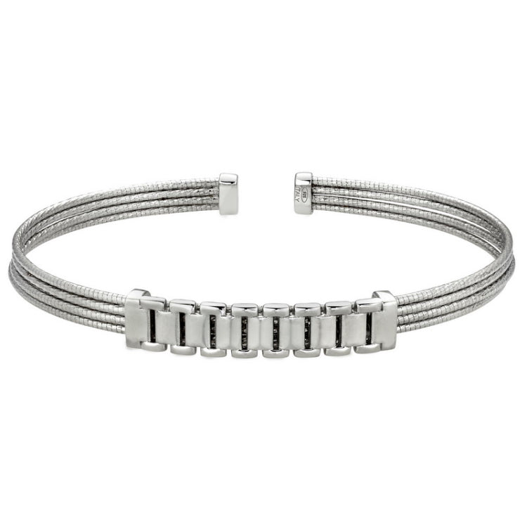 Rhodium Finished Sterling Silver Multi Cable Cuff Bracelet with Central Plate with 6 Links