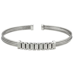 Rhodium Finished Sterling Silver Multi Cable Cuff Bracelet with Central Plate with 6 Links