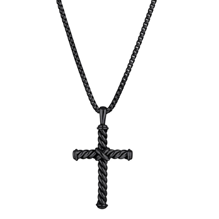 Black Rhodium Finished Twisted Sterling Silver Cross with Criss Cross Center on 20 Rounded Box Chain