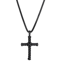 Black Rhodium Finished Twisted Sterling Silver Cross with Criss Cross Center on 20 Rounded Box Chain