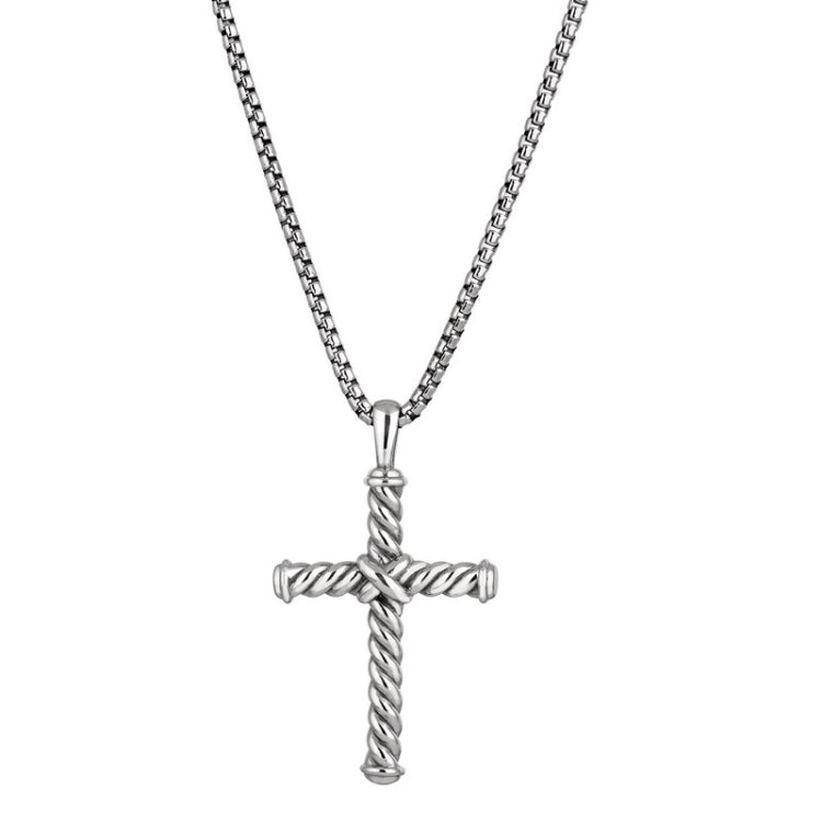 Rhodium Finished Twisted Sterling Silver Cross with Criss Cross Center on 20 Rounded Box Chain