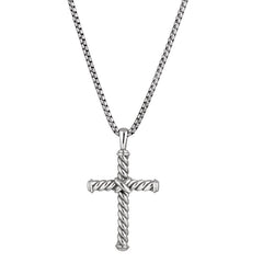 Rhodium Finished Twisted Sterling Silver Cross with Criss Cross Center on 20 Rounded Box Chain