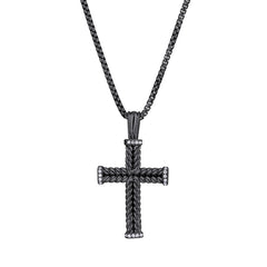 Black Rhodium Finished Sterling Silver Braided Cross with Simulated Diamonds on all 4 Ends of Cross on 20 Rounded Box Chain