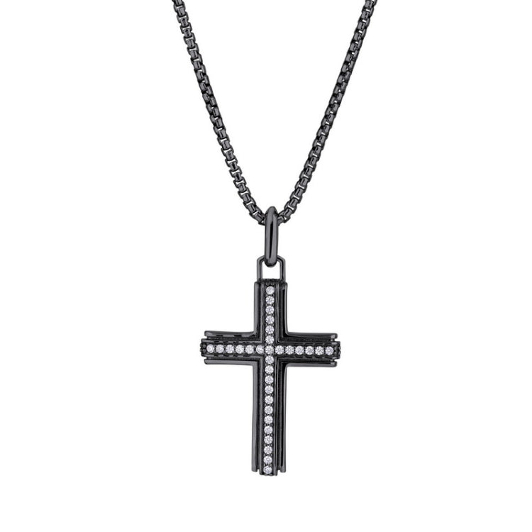 Black Rhodium Finished Sterling Silver Cross with Simulated Diamond Center Channel on 20 Rounded Box Chain