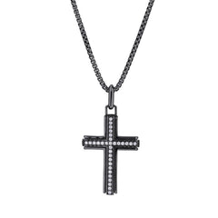Black Rhodium Finished Sterling Silver Cross with Simulated Diamond Center Channel on 20 Rounded Box Chain