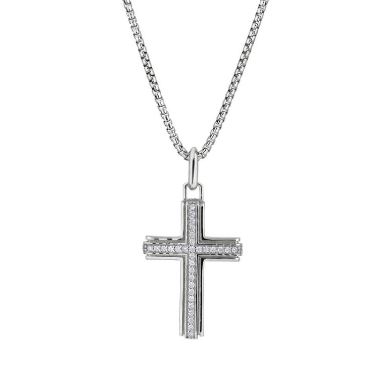 Rhodium Finished Sterling Silver Cross with Simulated Diamond Center Channel on 20 Rounded Box Chain