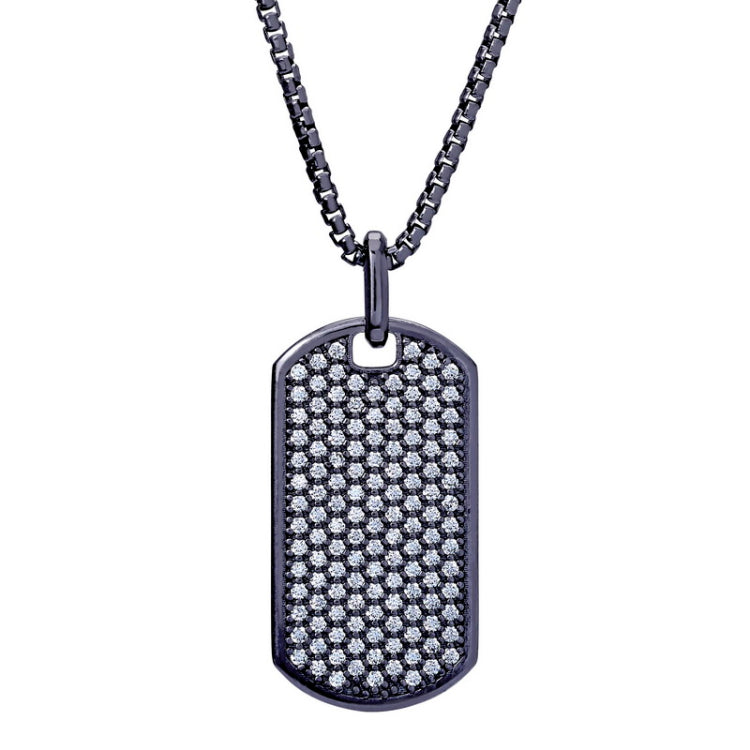 Black Rhodium Finished Sterling Silver Simulated Diamond Dog Tag on 20 Rounded Box Link Chain