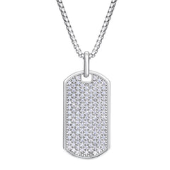 Rhodium Finished Sterling Silver Simulated Diamond Dog Tag on 20 Rounded Box Link Chain