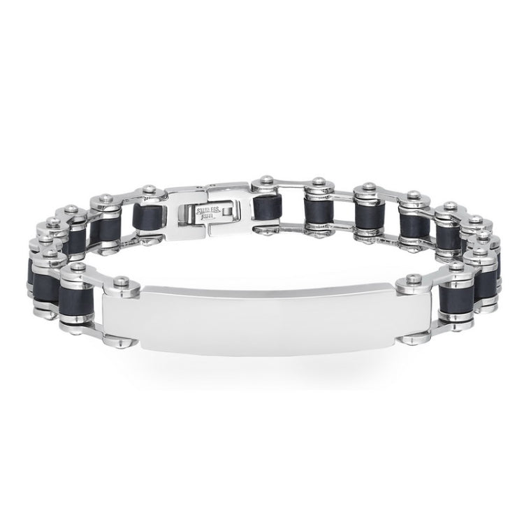 Stainless Steel Silver and Black Biker Chain Bracelet With ID Plate