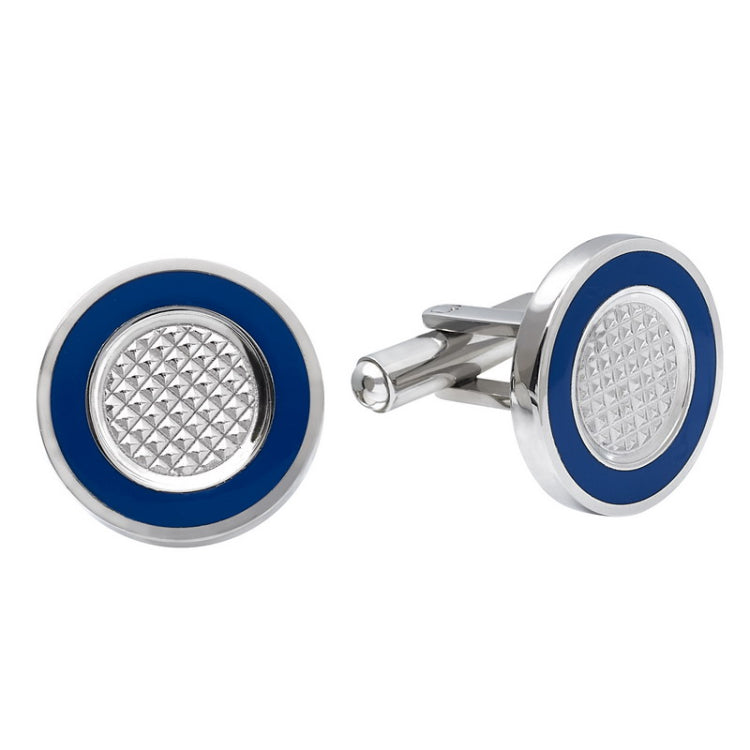 Stainless Steel Round Cufflinks with Blue Boarder and Grid Pattern in Center