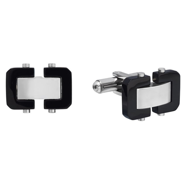 Stainless Steel Cufflinks with a Polished Rectagular Center and a Black Boarder on Each Side