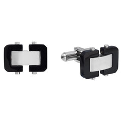 Stainless Steel Cufflinks with a Polished Rectagular Center and a Black Boarder on Each Side