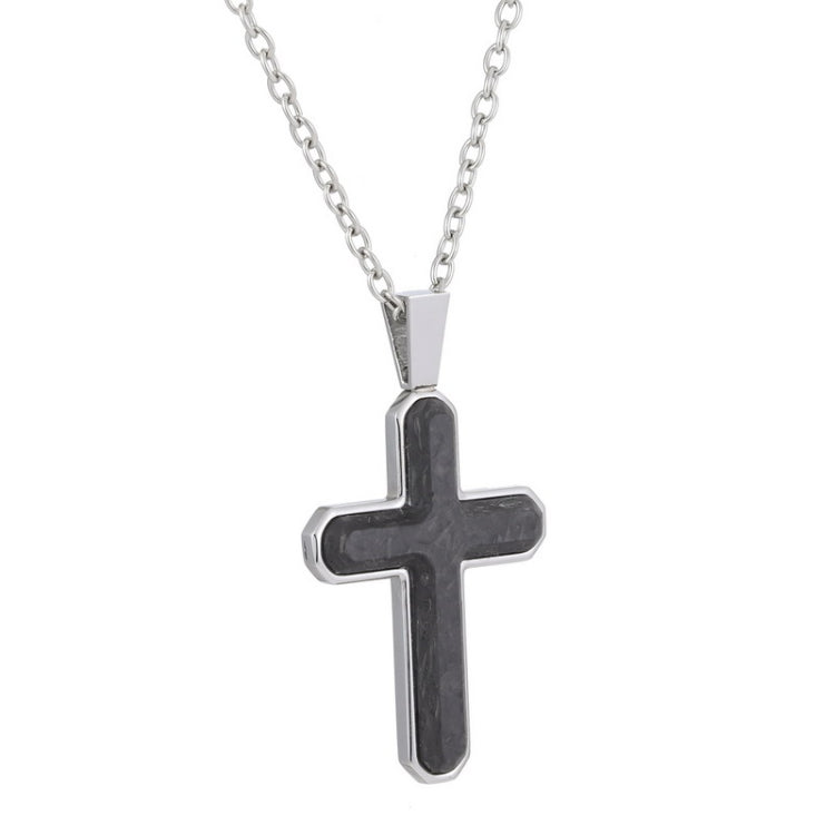 Stainless Steel Forged Carbon Cross on 20 -22  Adjustable Rounded Box Chain