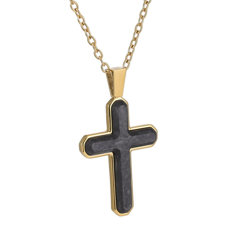 Stainless Steel IP Gold Finish Forged Carbon Cross on 20 -22  Adjustable Rounded Box Chain
