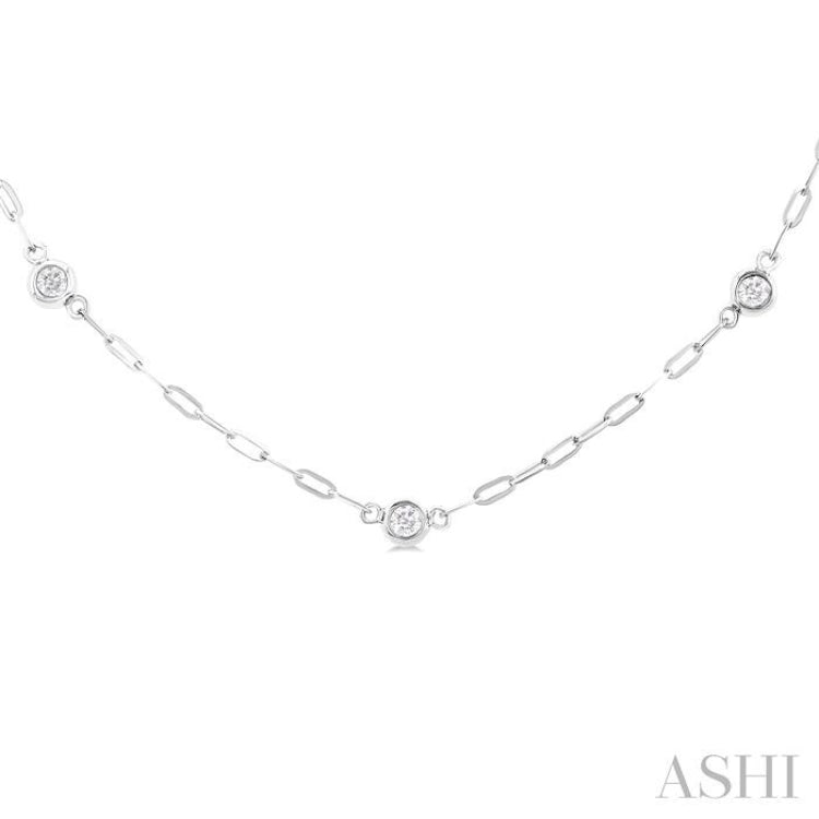 1/4 ctw Bezel Set Round Cut Diamond Paper Clip Station Necklace in 14K White Gold