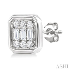 1/5 Ctw Petite Bezel Set Emerald Shape Fusion Baguette and Round Cut Diamond Fashion Stud Earrings in 10K White Gold