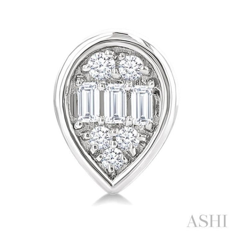 1/5 Ctw Petite Bezel Set Pear Shape Fusion Baguette and Round Cut Diamond Fashion Stud Earrings in 10K White Gold