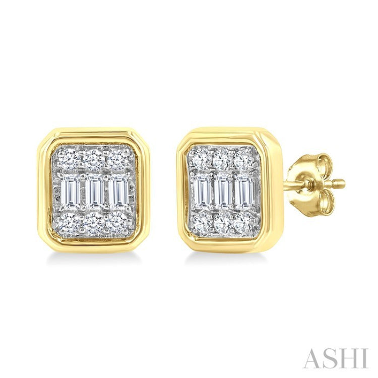 1/5 Ctw Petite Bezel Set Emerald Shape Fusion Baguette and Round Cut Diamond Fashion Stud Earrings in 10K Yellow Gold