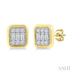 1/5 Ctw Petite Bezel Set Emerald Shape Fusion Baguette and Round Cut Diamond Fashion Stud Earrings in 10K Yellow Gold