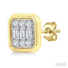 1/5 Ctw Petite Bezel Set Emerald Shape Fusion Baguette and Round Cut Diamond Fashion Stud Earrings in 10K Yellow Gold