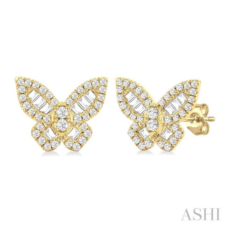 1/2 Ctw Butterfly Petite Baguette and Round Cut Diamond Butterfly Petite Fashion Stud Earrings in 14K Yellow Gold
