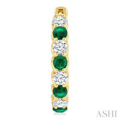 3.1 MM Emerald and 1 5/8 Ctw Round Cut Inside-Out Diamond Precious Hoop Earrings in 14K Yellow Gold