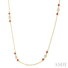2.25 MM Ruby and 1/2 Ctw Round Cut Diamond Precious Station Necklace in 14K Yellow Gold