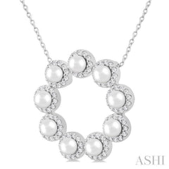 3 MM Round Shape Cultured Pearl and 1/3 Ctw Round Cut Diamond Halo Pendant With Chain in 14K White Gold