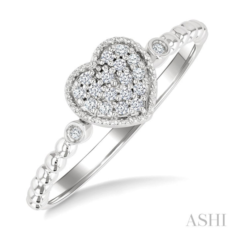 1/8 Ctw Petite Bead Shank Heart Motif Round Cut Bead Bijoux Diamond Fashion Ring in 10K White Gold