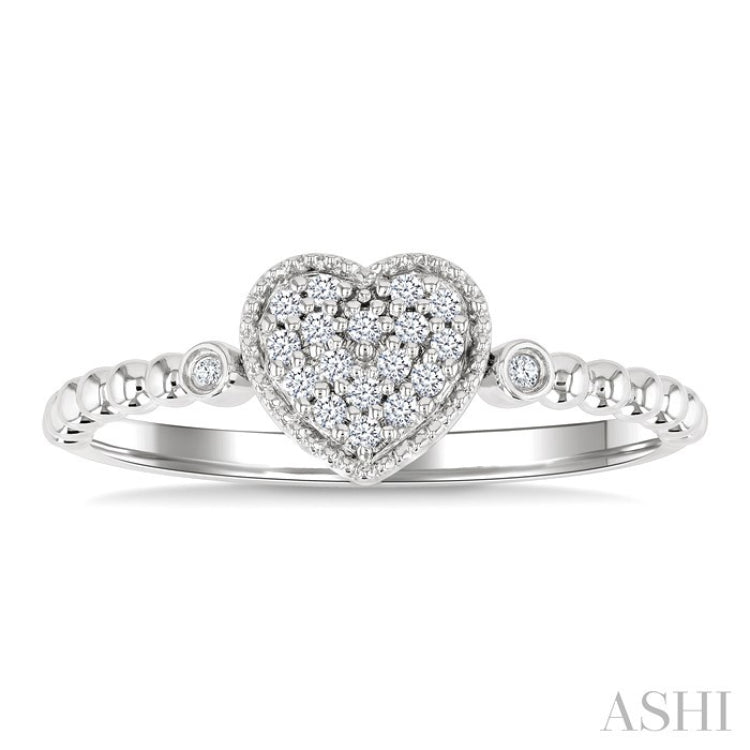 1/8 Ctw Petite Bead Shank Heart Motif Round Cut Bead Bijoux Diamond Fashion Ring in 10K White Gold