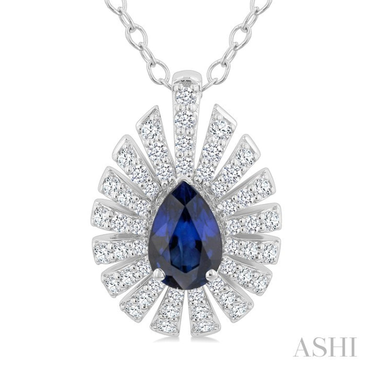 6X4 MM Pear Cut Sapphire and 1/3 Ctw Starburst Round Cut Diamond Precious Pendant With Chain in 14K White Gold