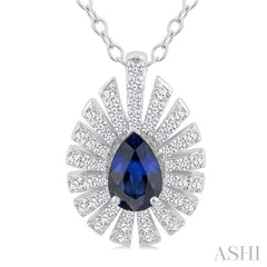 6X4 MM Pear Cut Sapphire and 1/3 Ctw Starburst Round Cut Diamond Precious Pendant With Chain in 14K White Gold