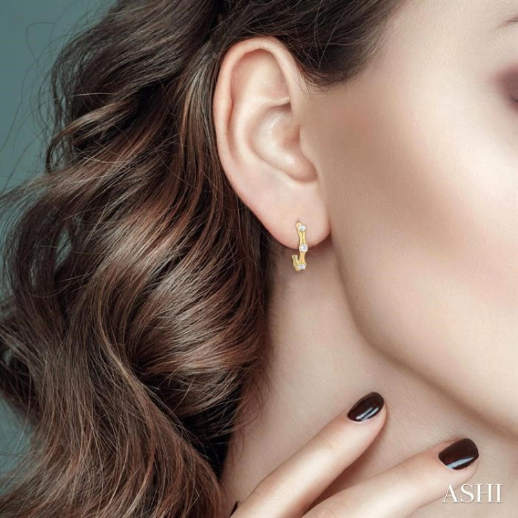 1/8 Ctw Petite Bamboo Shoot Inspired Round Cut Diamond Fashion Half Hoop Earrings in 10K Yellow Gold