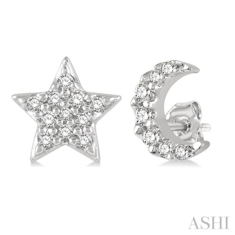 1/10 Ctw Star & Crescent Mix Round Cut Diamond Petite Fashion Earrings in 10K White Gold