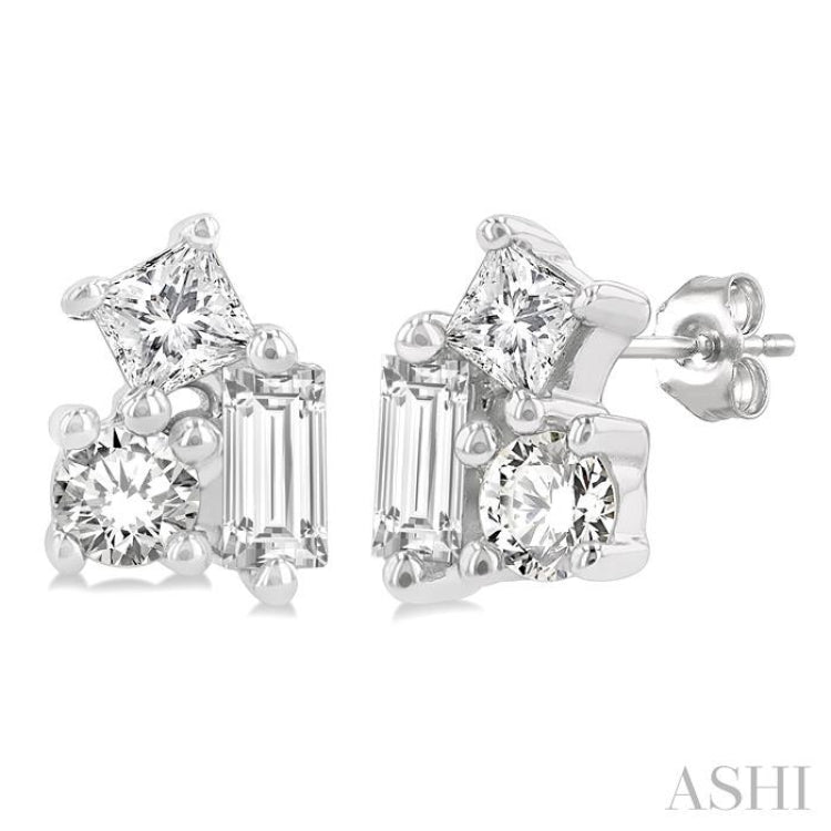 1/6 Ctw Petite Tri-Stone Scatter Princess, Baguette & Round Cut Diamond Fashion Stud Earrings in 10K White Gold