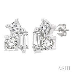 1/6 Ctw Petite Tri-Stone Scatter Princess, Baguette & Round Cut Diamond Fashion Stud Earrings in 10K White Gold