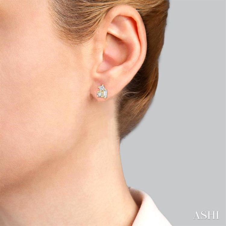 1/6 Ctw Petite Tri-Stone Scatter Princess, Baguette & Round Cut Diamond Fashion Stud Earring in 10K Yellow Gold