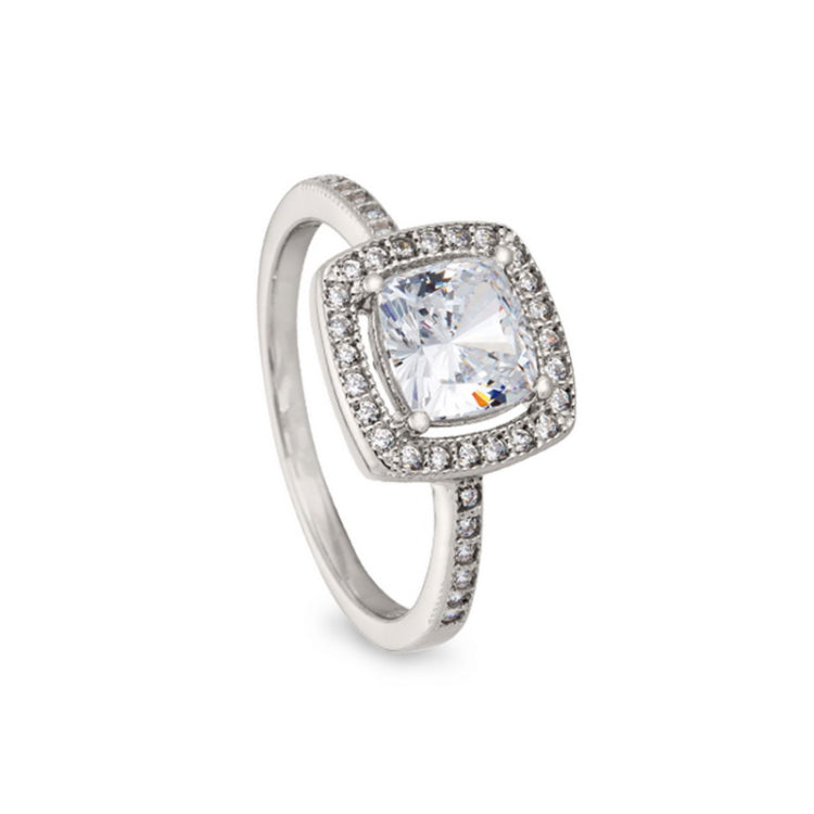 Platinum finish sterling silver micropave cushion cut ring with 37 simulated diamonds