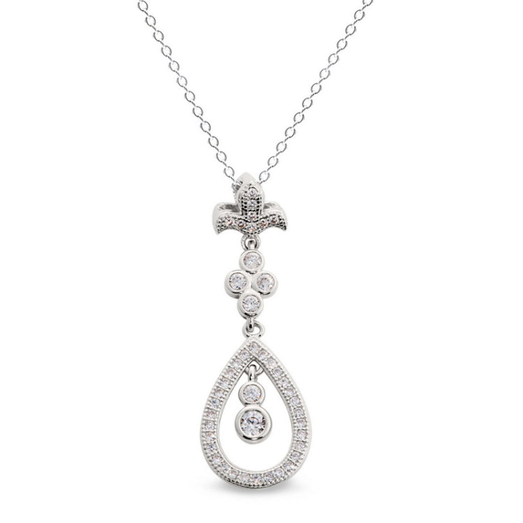 Platinum Finish Sterling Silver Micropave Fleur De Lis Teardrop Drop Pendant with 44 Simulated Diamonds on 18" Cable Chain