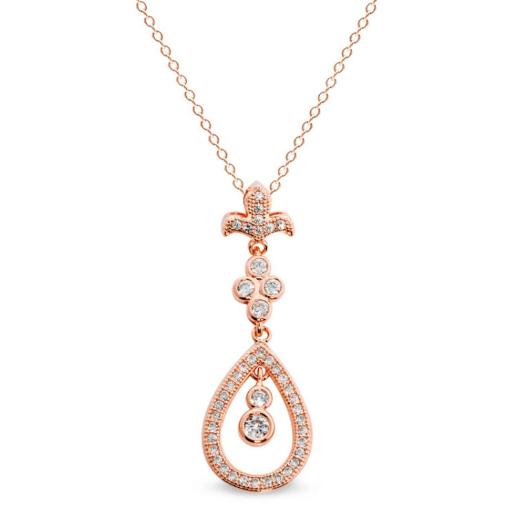 Rose Gold Finish Sterling Silver Micropave Fleur De Lis Drop Pendant with 44 Simulated Diamonds on 18" Cable Chain