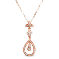 Rose Gold Finish Sterling Silver Micropave Fleur De Lis Drop Pendant with 44 Simulated Diamonds on 18" Cable Chain