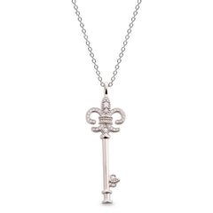 Platinum Finish Sterling Silver Micropave Fleur De Lis Key Pendant with 33 Simulated Diamonds on 18" Cable Chain