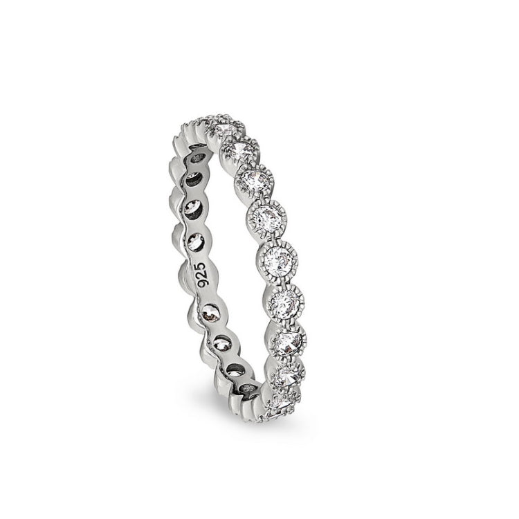 Platinum finish sterling silver beaded bezel ring with simulated diamonds