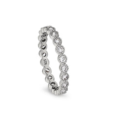 Platinum finish sterling silver beaded bezel ring with simulated diamonds