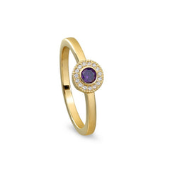 Gold Finish Sterling Silver Micropave Round Simulated Amethyst Ring with Simulated Diamonds Size 9